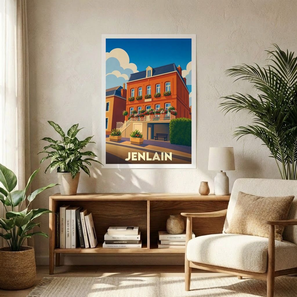 Affiche souvenir de la ville de Jenlain avec une illustration stylisée d'un bâtiment typique.