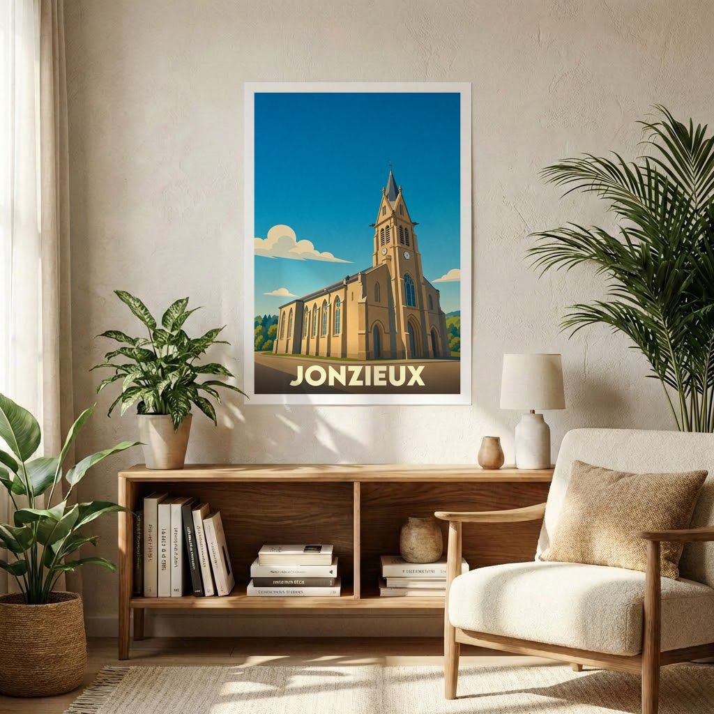 Affiche souvenir de la ville de Jonzieux avec une illustration stylisée de son église sous un ciel bleu.