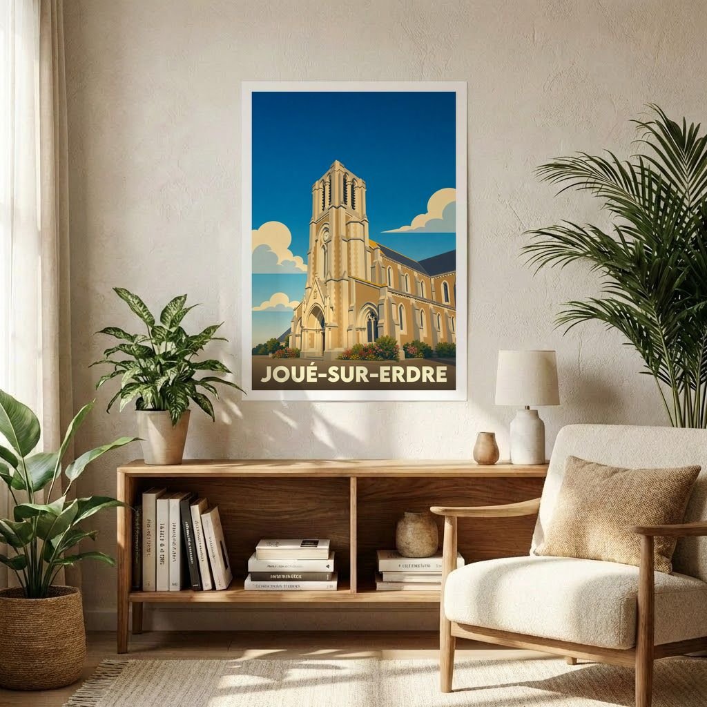 Affiche souvenir de la ville de Joué-sur-Erdre avec une illustration stylisée de son église sous un ciel bleu.