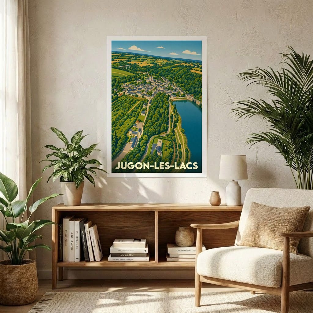 Affiche souvenir de la ville de Jugon-les-Lacs avec une illustration panoramique stylisée.