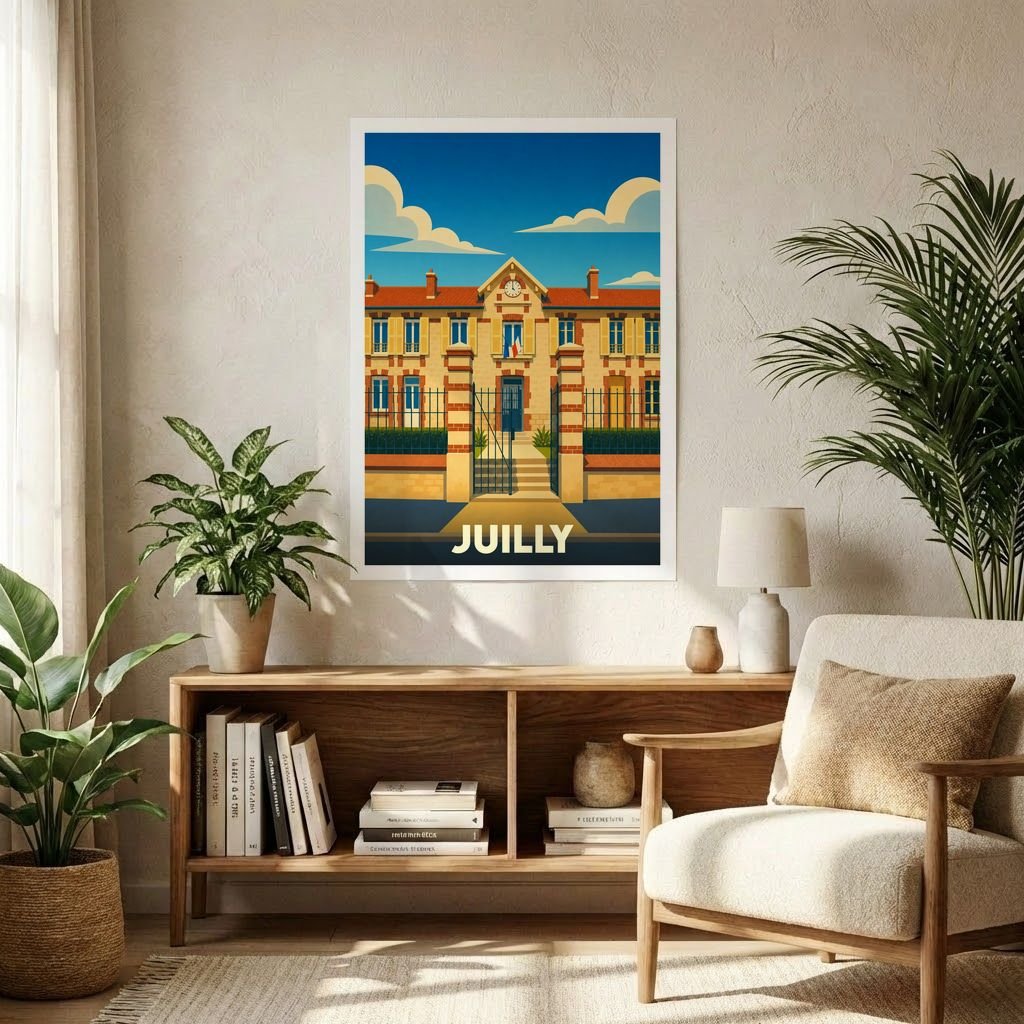 Affiche souvenir de la ville de Juilly avec une illustration stylisée de sa mairie.