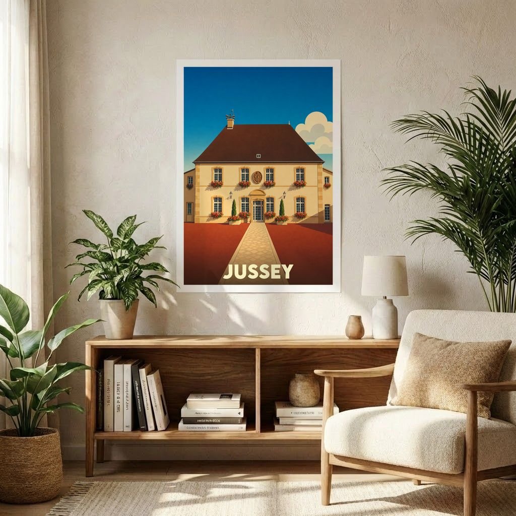 Affiche souvenir de la ville de Jussey illustrant son hôtel de ville dans un style rétro.