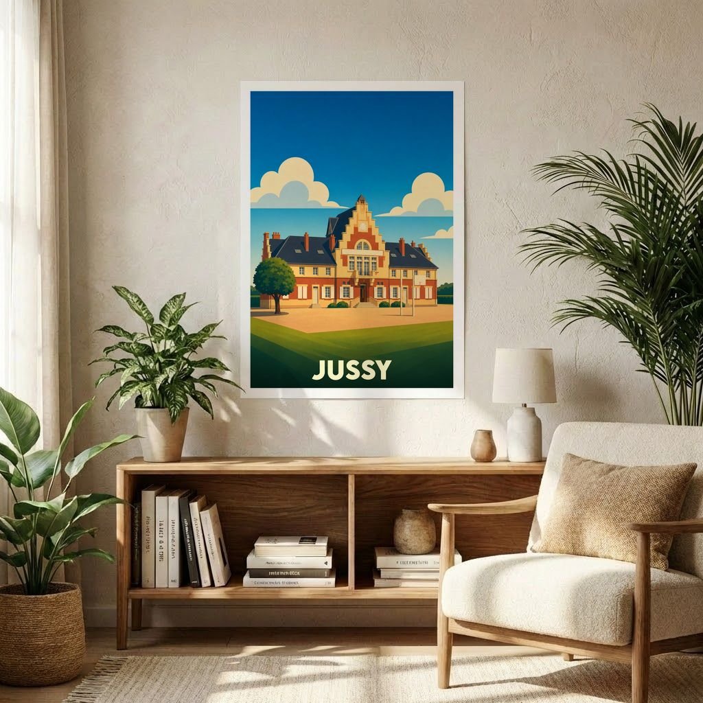 Affiche souvenir de la ville de Jussy avec une illustration stylisée de son architecture.