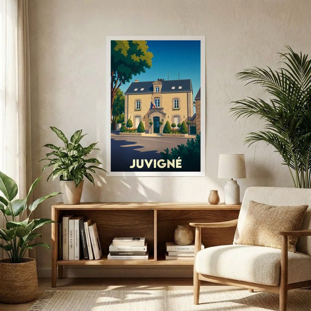 Affiche souvenir de la ville de Juvigné avec une illustration stylisée d'un bâtiment emblématique.