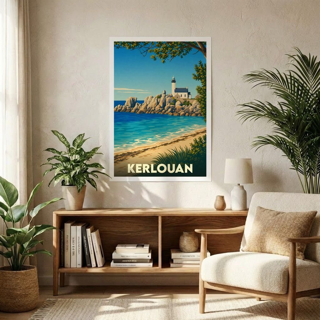 Affiche souvenir de la ville de Kerlouan illustrant une plage sauvage et son phare emblématique dans un style rétro.