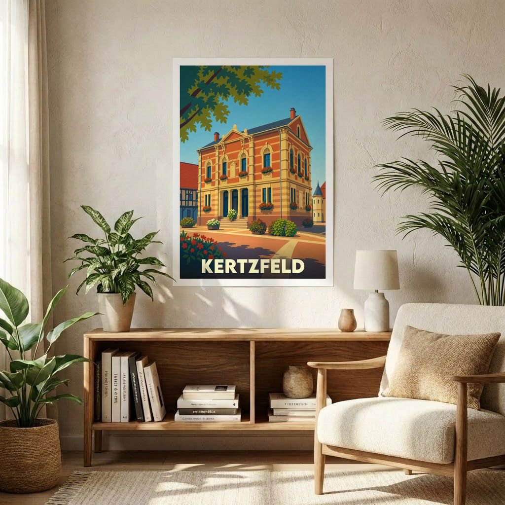 Affiche souvenir de la ville de Kertzfeld avec une illustration stylisée et colorée de son architecture.