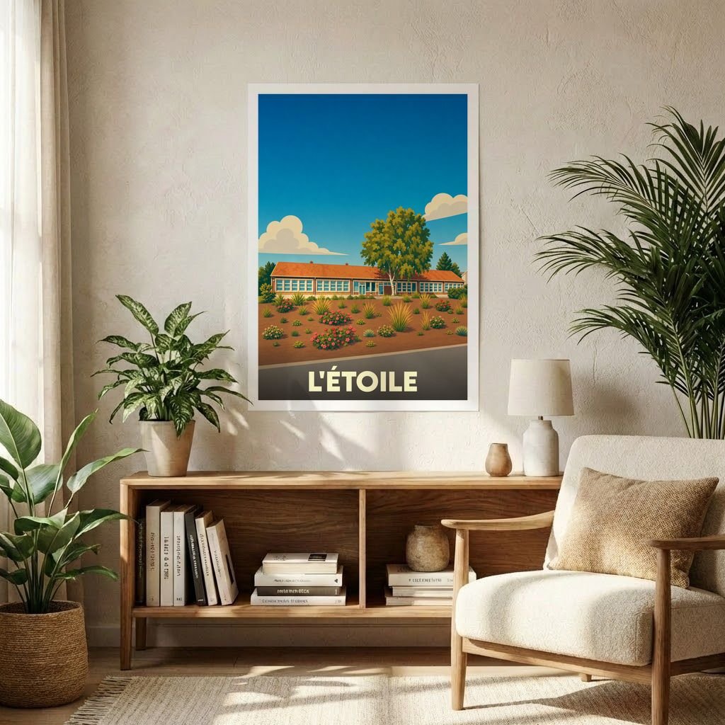 Affiche souvenir de la ville de L'Étoile avec une illustration stylisée et colorée de ses paysages.
