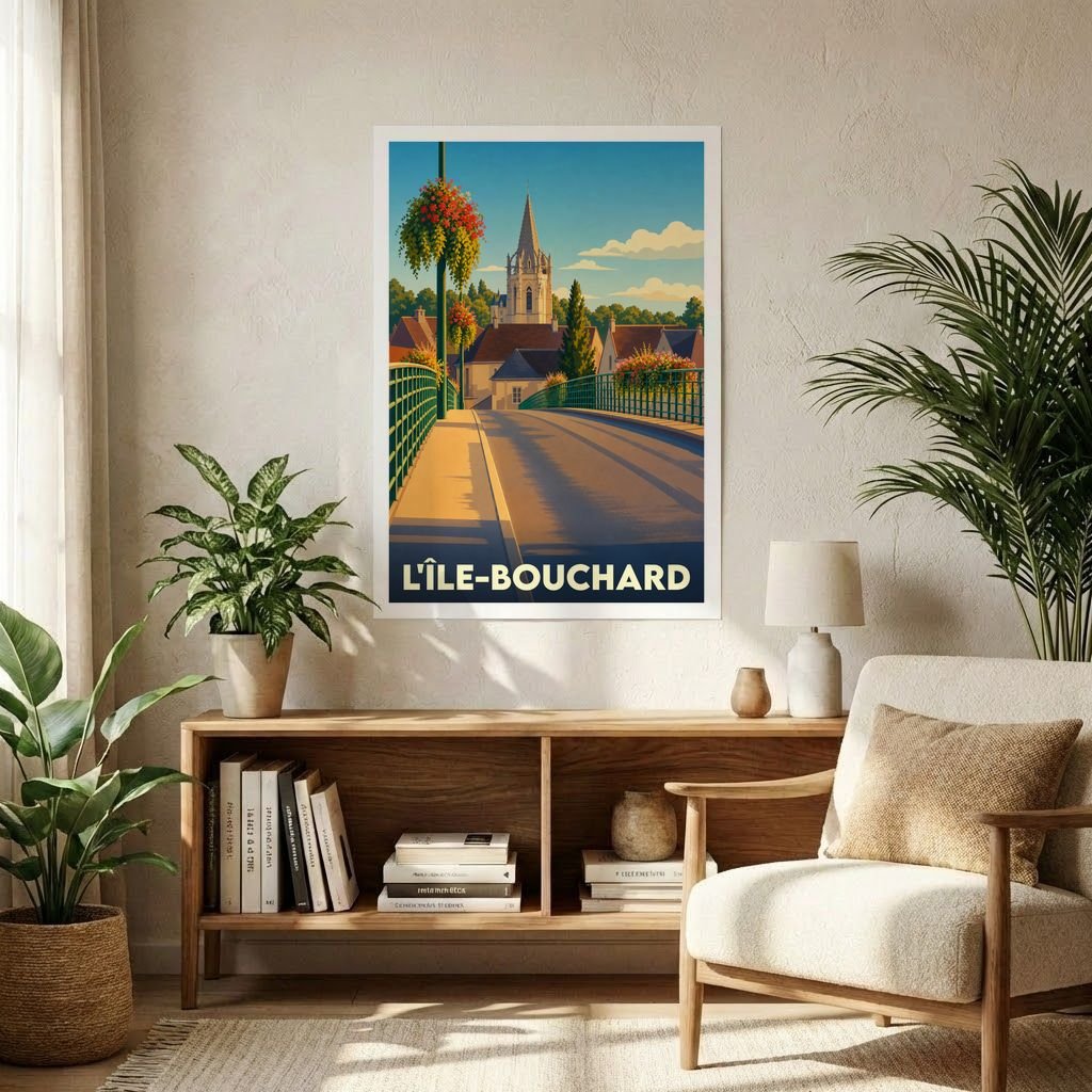 Affiche souvenir de la ville de L'Île-Bouchard avec une illustration stylisée d'un pont menant au clocher de l'église.
