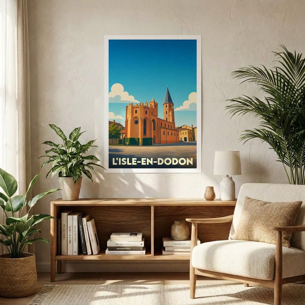 Affiche souvenir de la ville de L'Isle-en-Dodon avec une illustration stylisée de son église fortifiée sous un ciel bleu.