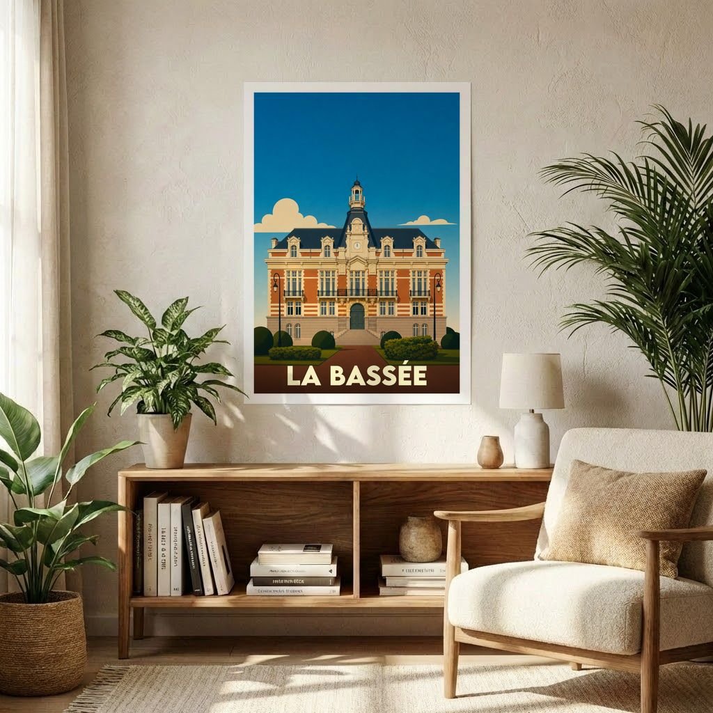 Affiche souvenir de la ville de La Bassée avec une illustration stylisée de son hôtel de ville.