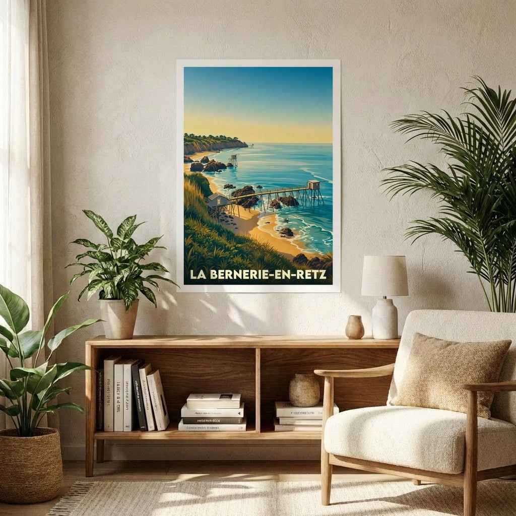 Affiche souvenir de la ville de La Bernerie-en-Retz présentant une illustration stylisée de son littoral et de ses pêcheries.