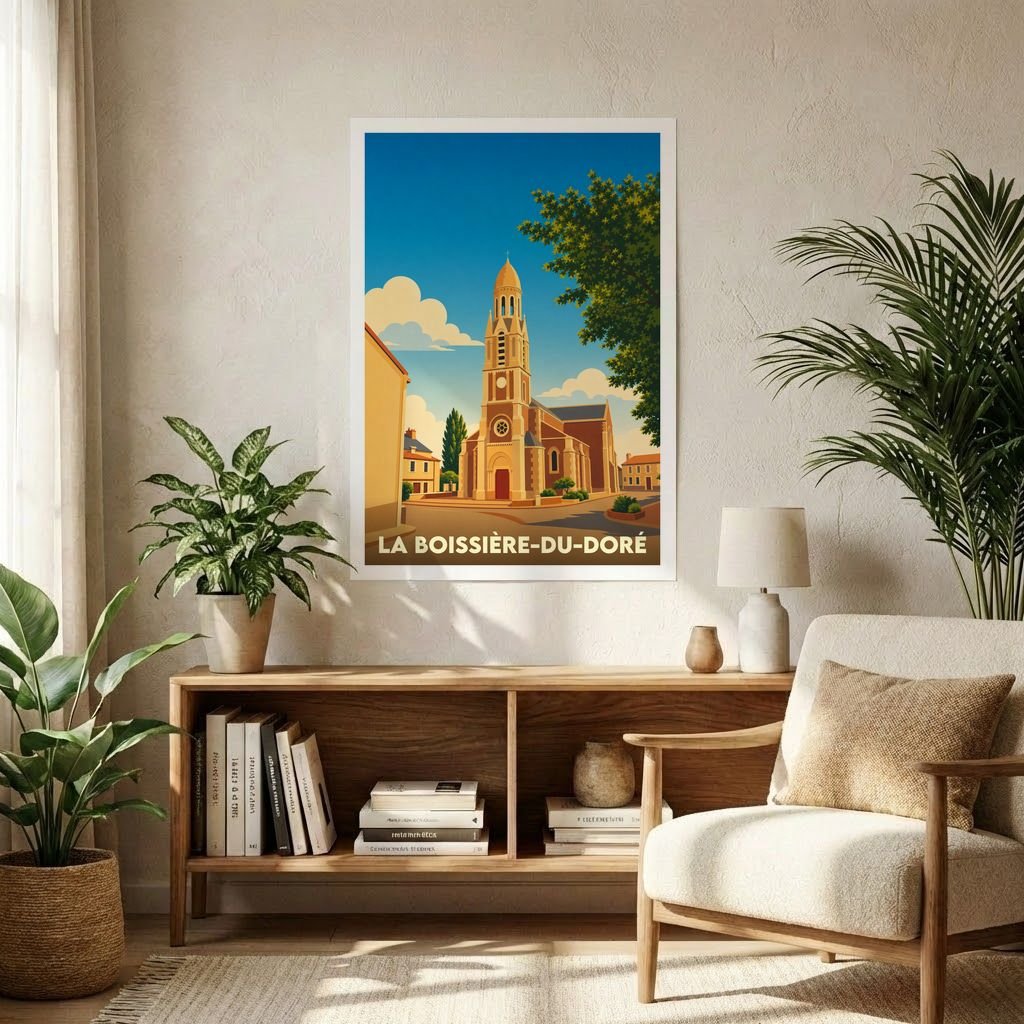 Affiche souvenir de la ville de La Boissière-du-Doré avec une illustration stylisée de son église.