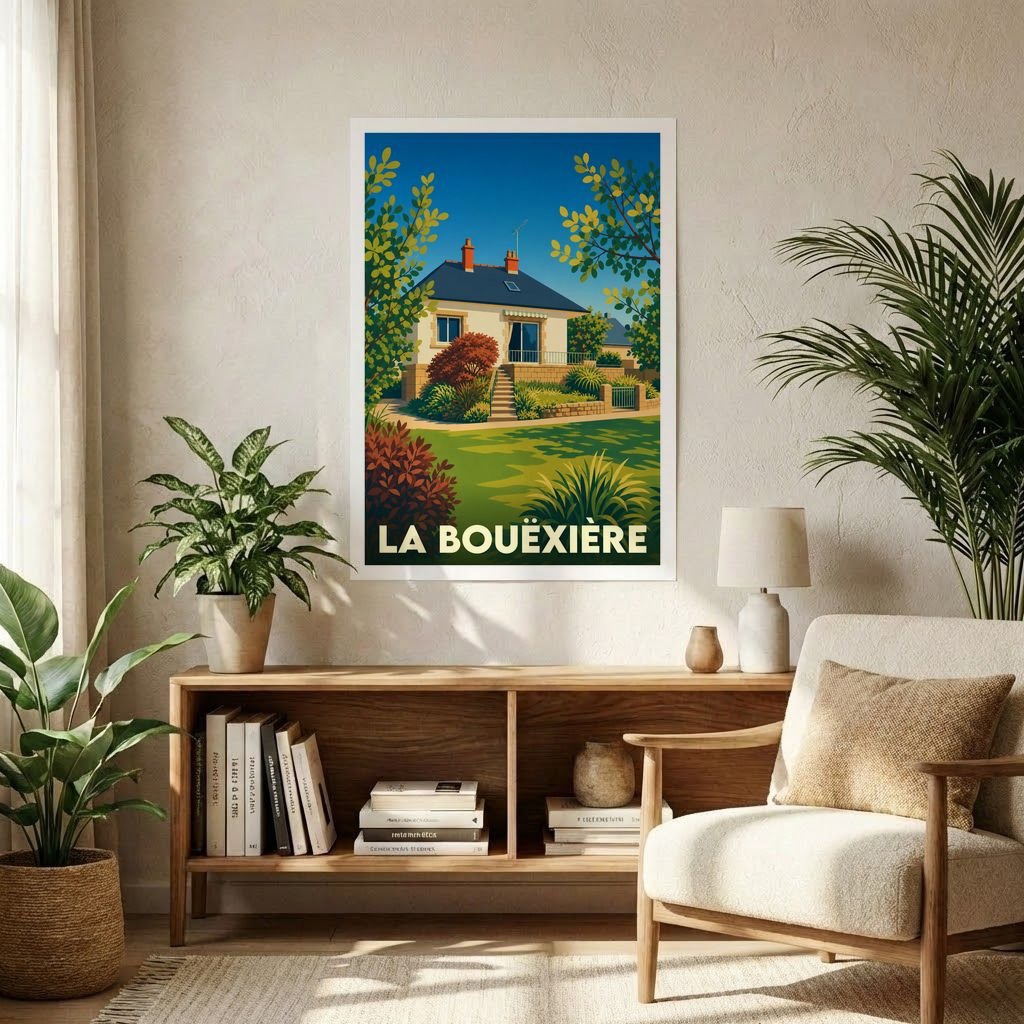 Affiche souvenir de la ville de La Bouëxière avec une illustration stylisée d'une maison et son jardin.