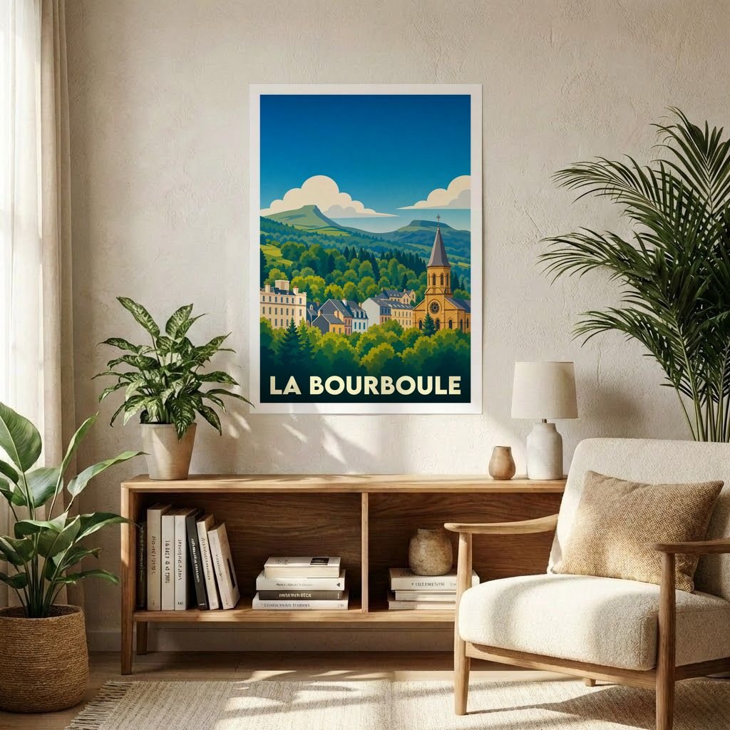 Affiche souvenir de la ville de La Bourboule représentant un paysage montagneux et urbain dans un style rétro.