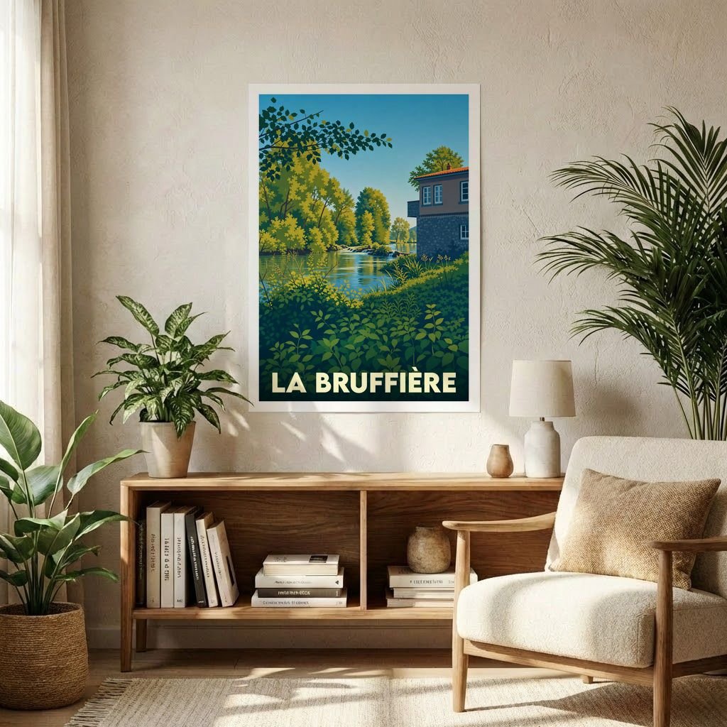 Affiche souvenir de la ville de La Bruffière avec une illustration stylisée d'un paysage de rivière et de moulin.