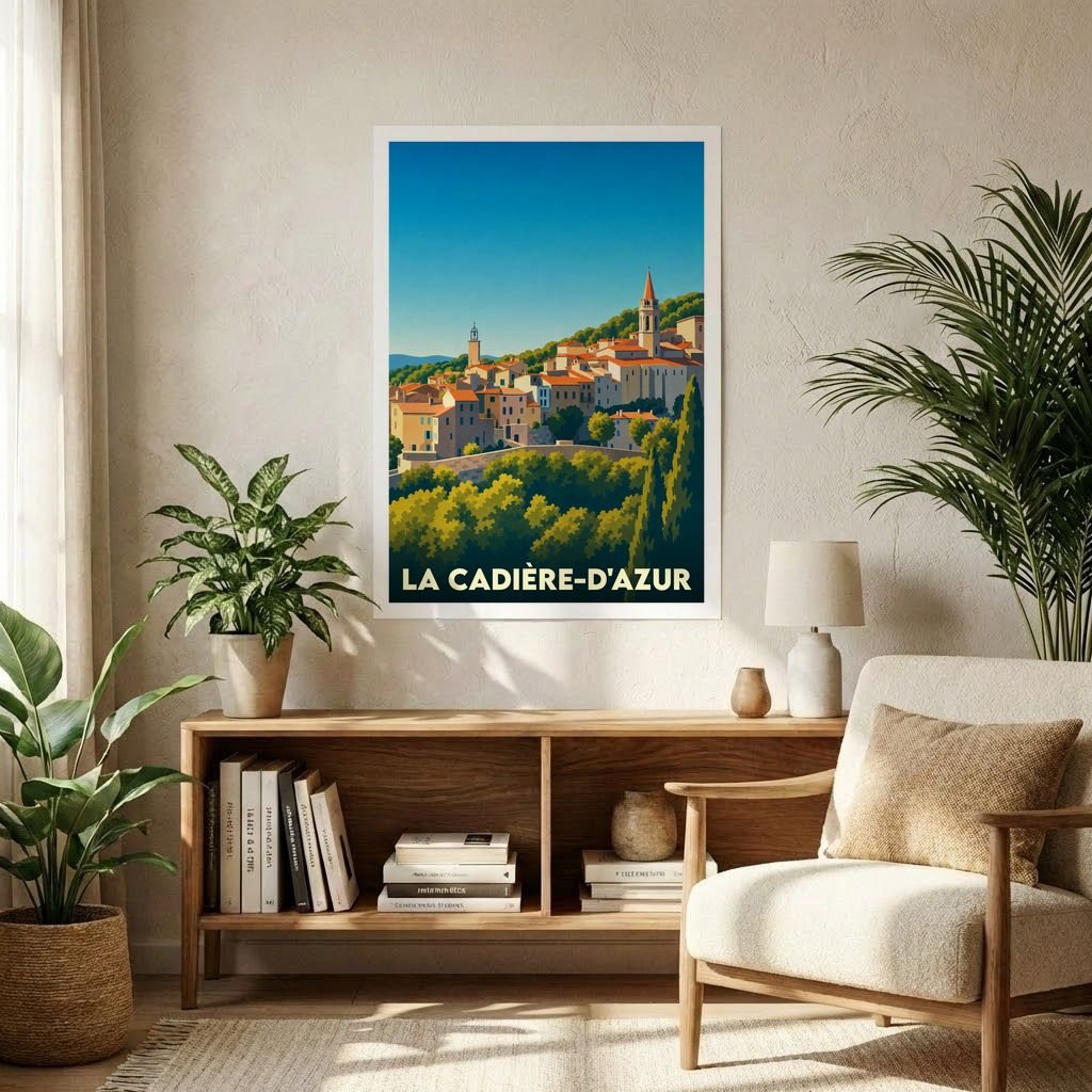 Affiche souvenir de la ville de La Cadière-d'Azur représentant son village perché dans un style vintage coloré.