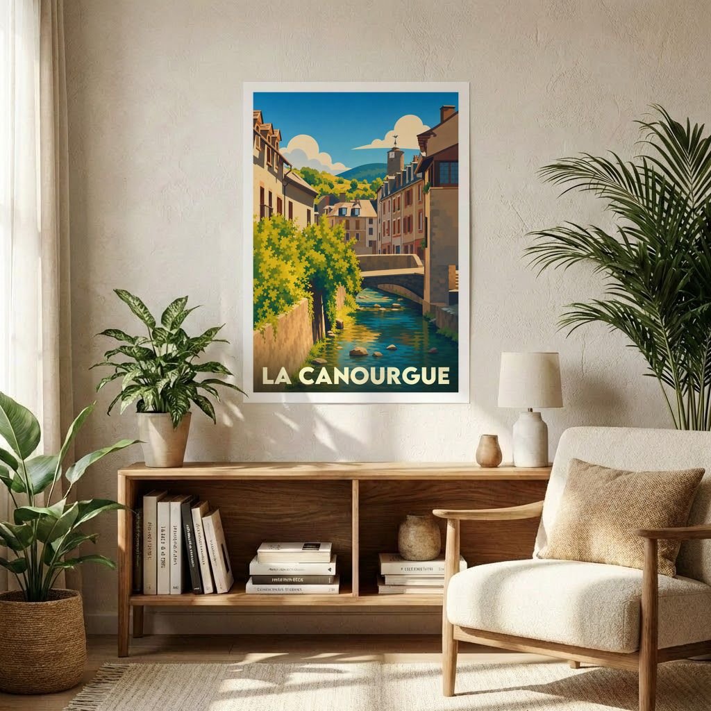 Affiche souvenir de la ville de La Canourgue avec une illustration stylisée.