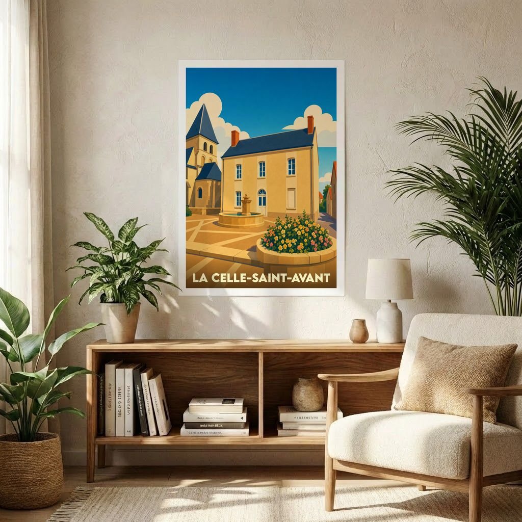 Affiche souvenir de la ville de La Celle-Saint-Avant avec une illustration stylisée d'une place ensoleillée.
