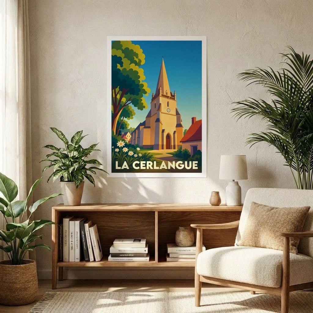 Affiche souvenir de la ville de La Cerlangue avec une illustration stylisée de son église.