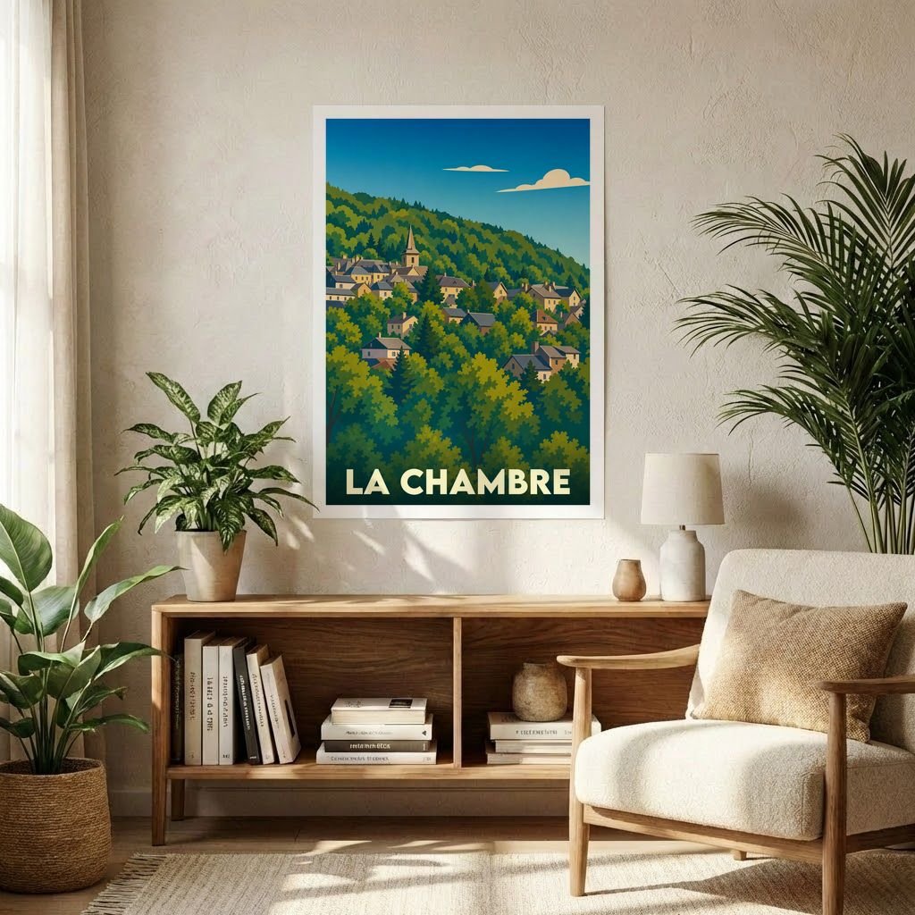Affiche souvenir de la ville de La Chambre avec une illustration stylisée de ses maisons nichées à flanc de montagne.