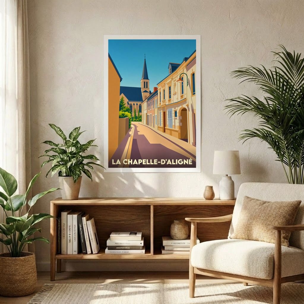 Affiche souvenir de la ville de La Chapelle-d'Aligné avec une illustration stylisée d'une rue ensoleillée menant à son église.