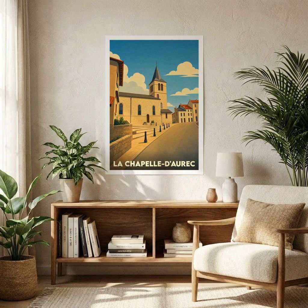 Affiche souvenir de la ville de La Chapelle-d'Aurec avec une illustration stylisée d'une église et d'une rue ensoleillée.