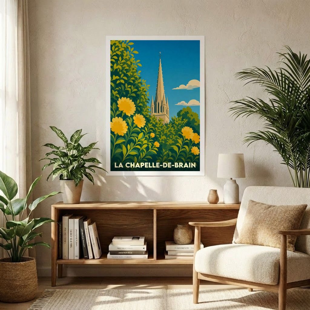 Affiche souvenir de la ville de La Chapelle-de-Brain avec une illustration stylisée d'un clocher entouré de fleurs.