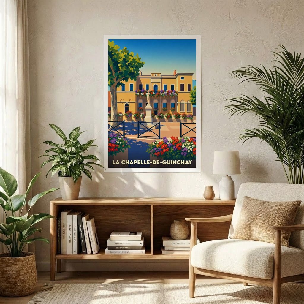 Affiche souvenir de la ville de La Chapelle-de-Guinchay avec une illustration stylisée et colorée.
