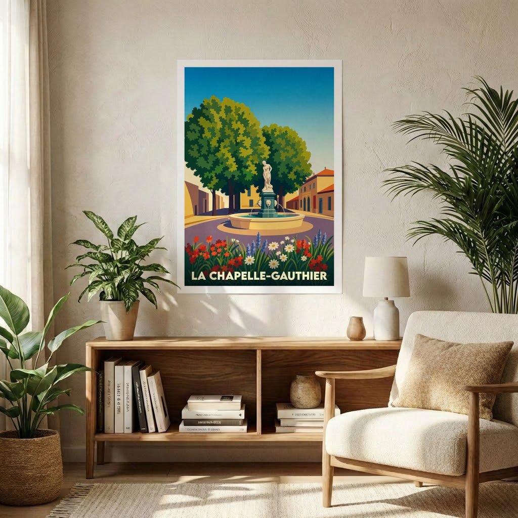 Affiche souvenir de la ville de La Chapelle-Gauthier illustrant une place avec une fontaine entourée d'arbres et de fleurs dans un style vintage.