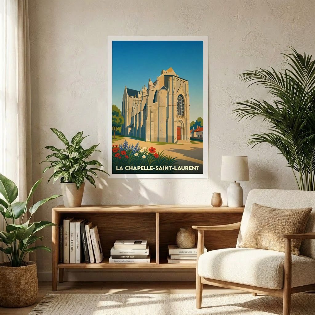 Affiche souvenir de la ville de La Chapelle-Saint-Laurent présentant une illustration stylisée de son église.