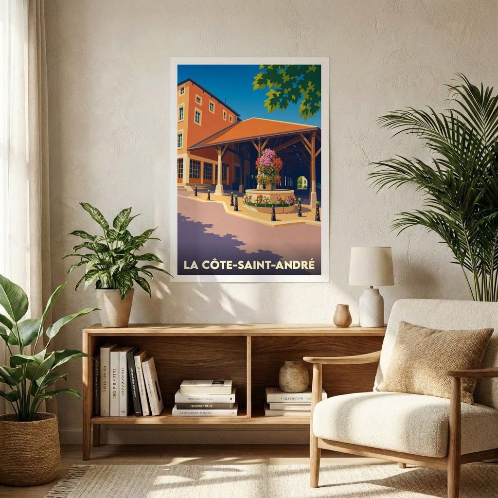 Affiche souvenir de la ville de La Côte-Saint-André avec une illustration stylisée de ses halles historiques.