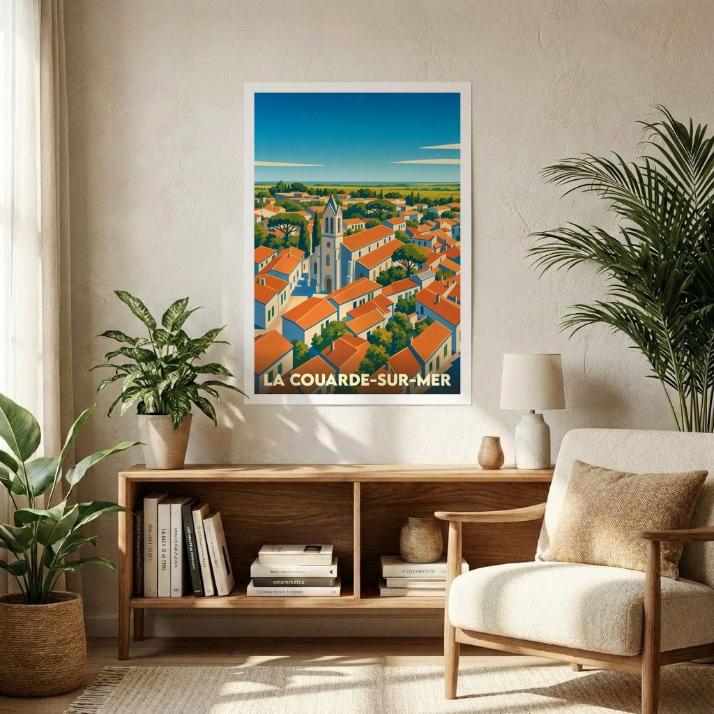 Affiche souvenir de la ville de La Couarde-sur-Mer avec une illustration stylisée de ses toits orangés et de son église.