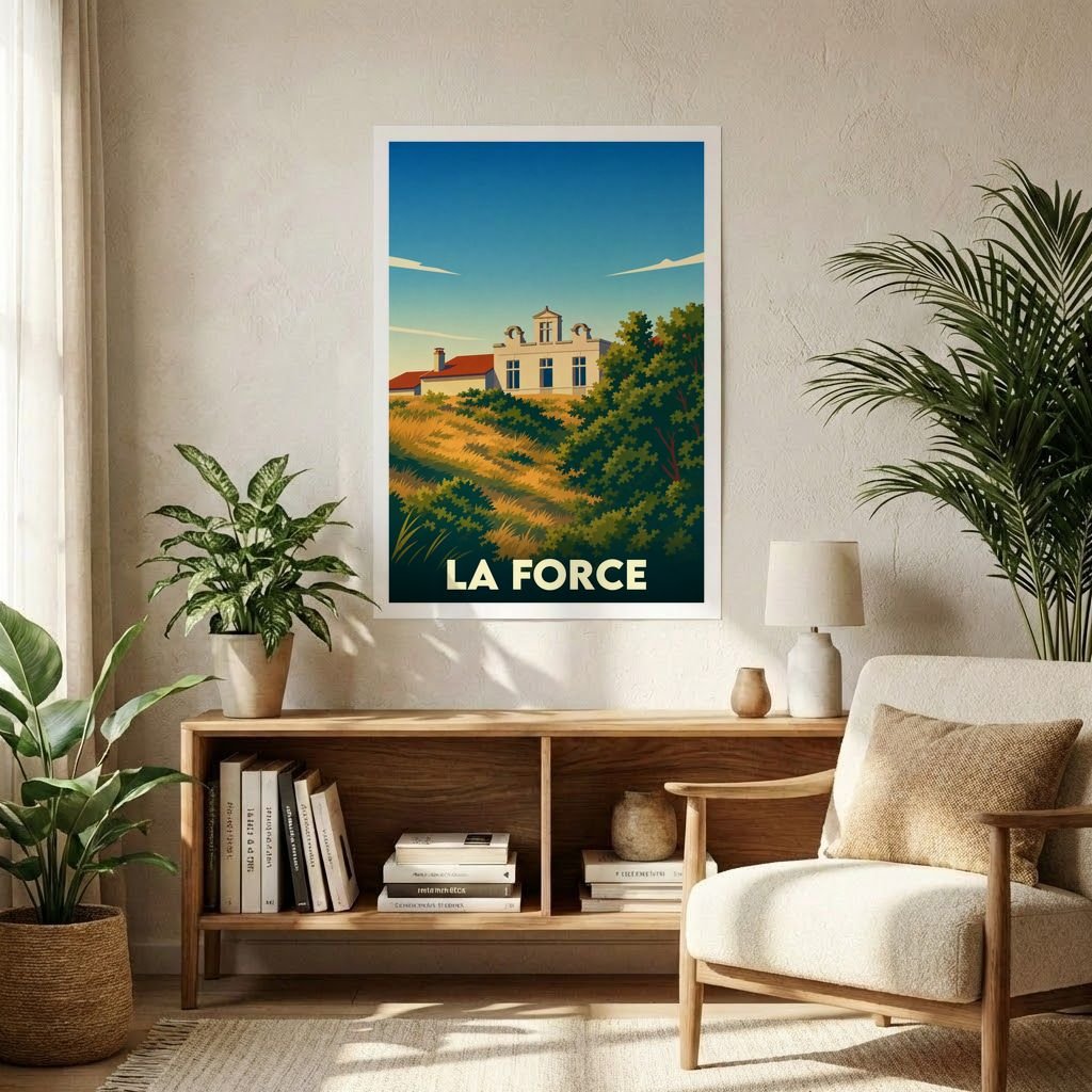 Affiche souvenir de la ville de La Force représentant une illustration stylisée de son paysage.
