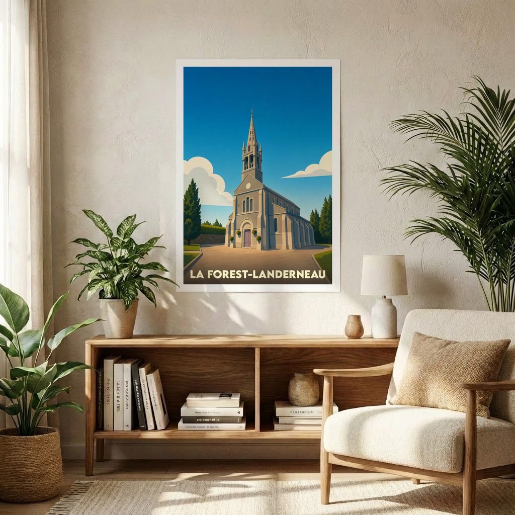 Affiche souvenir de la ville de La Forest-Landerneau avec une illustration stylisée de son église sous un ciel bleu.