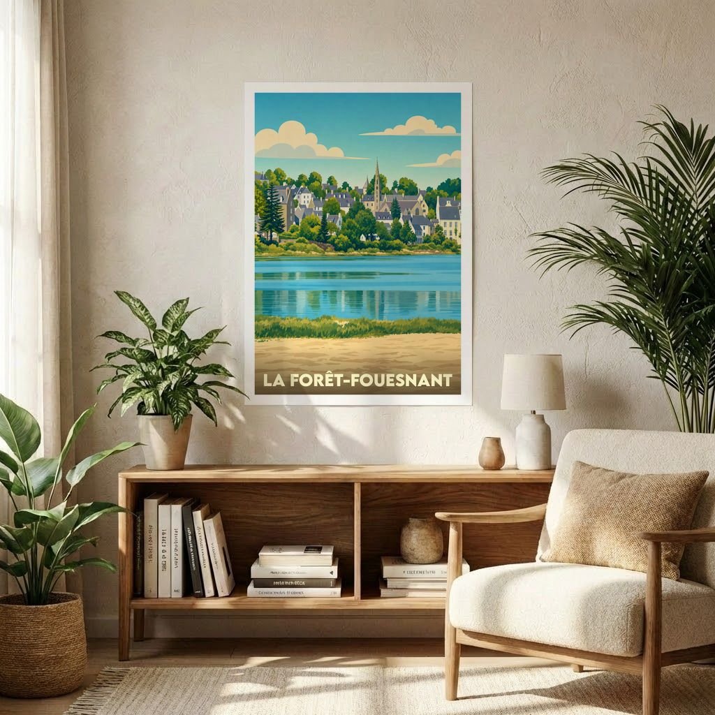 Affiche souvenir de la ville de La Forêt-Fouesnant avec une illustration stylisée d'un paysage côtier breton.