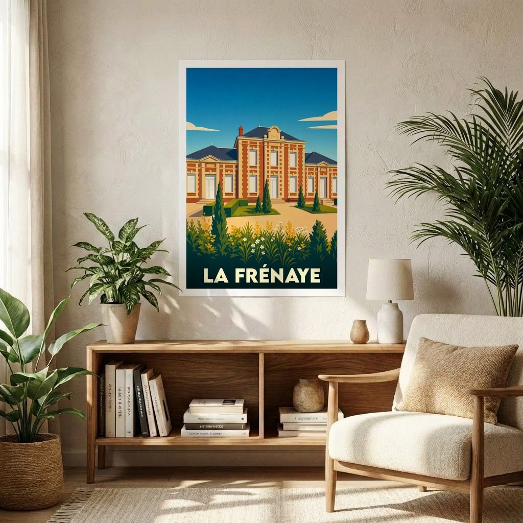 Affiche souvenir de la ville de La Frénaye avec une illustration stylisée d'un bâtiment remarquable.
