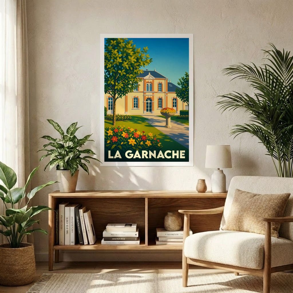 Affiche souvenir de la ville de La Garnache avec une illustration stylisée d'un bâtiment historique et de son jardin.