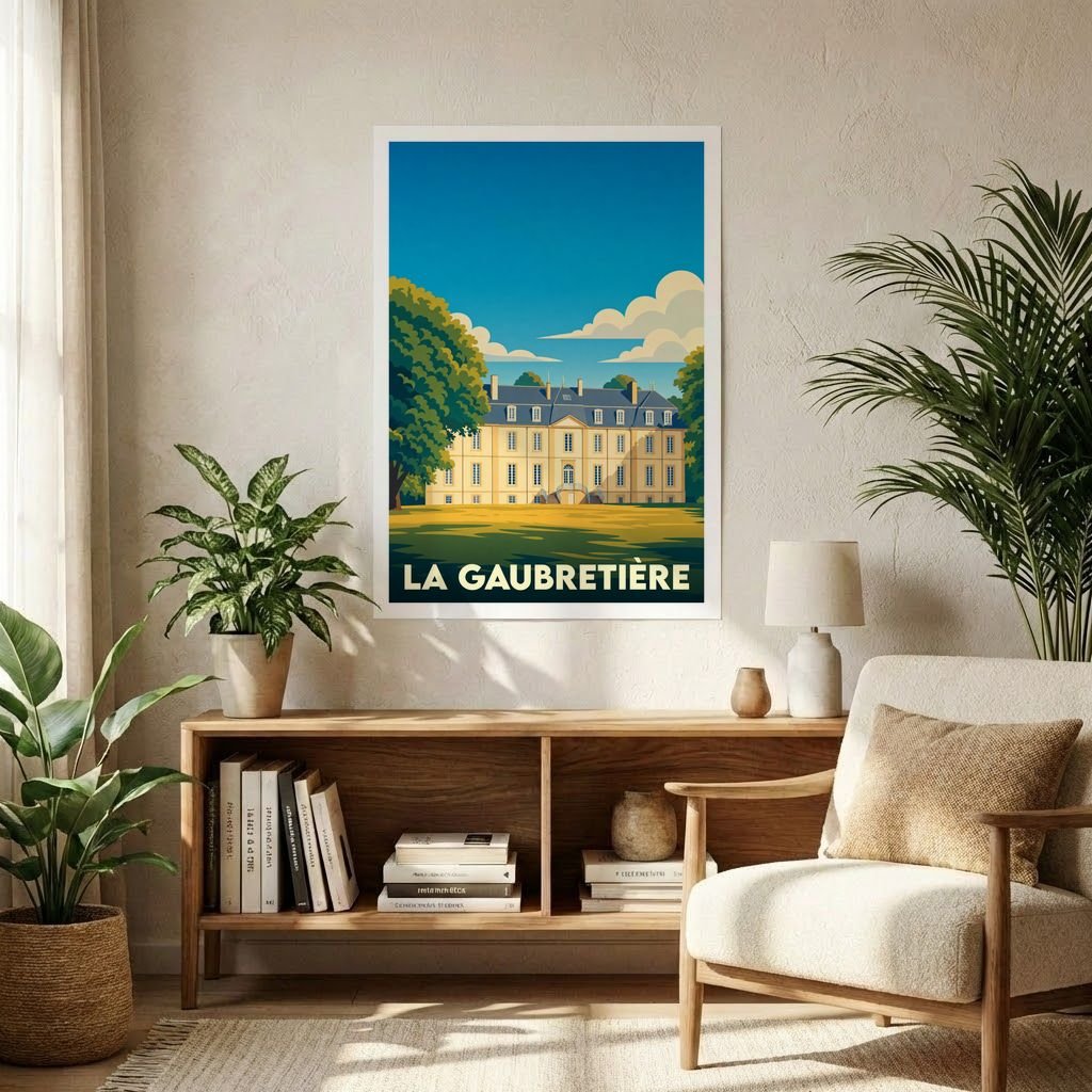 Affiche souvenir de la ville de La Gaubretière avec une illustration stylisée d'un château.