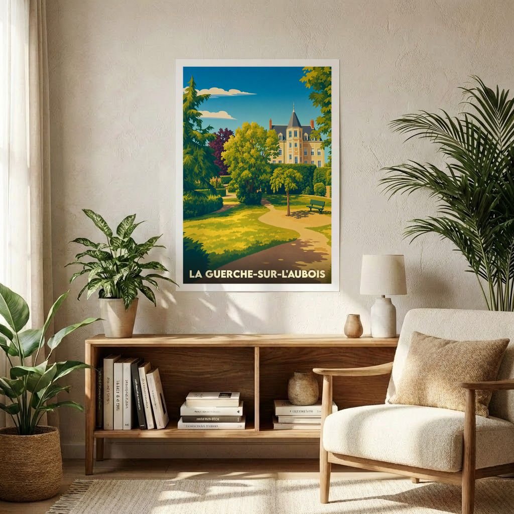 Affiche souvenir de la ville de La Guerche-sur-l'Aubois avec une illustration stylisée de parc et de château.
