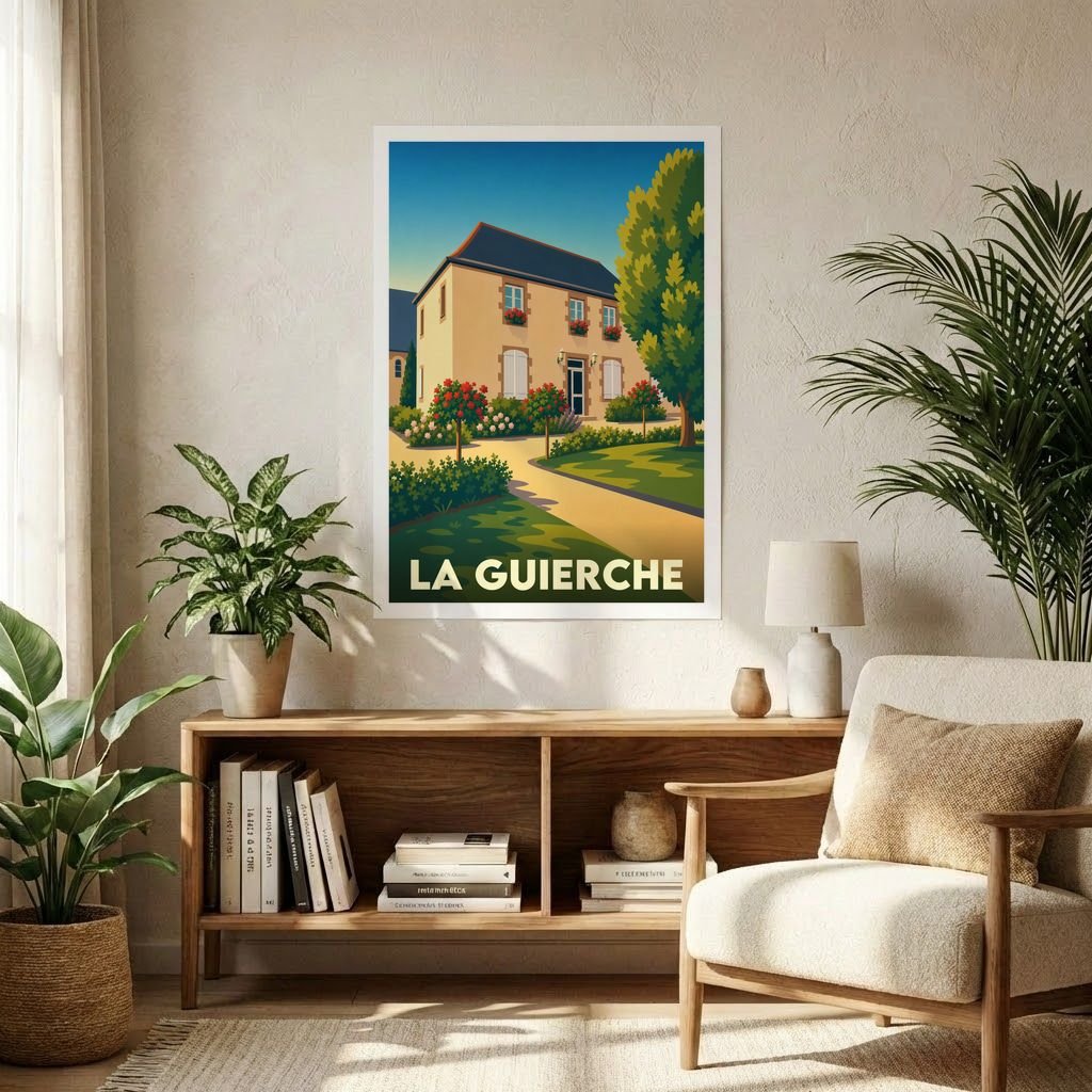 Affiche souvenir de la ville de La Guierche avec une illustration stylisée d'une maison de campagne.