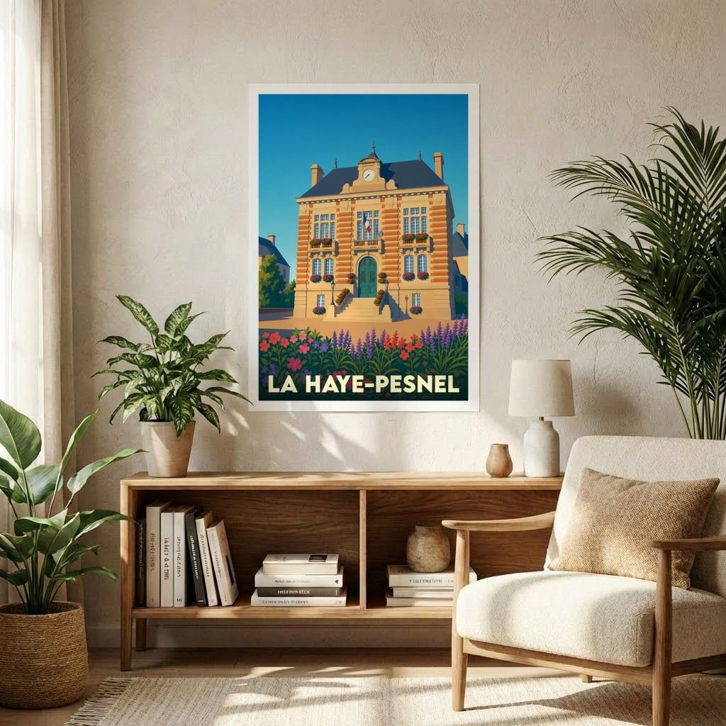 Affiche souvenir de la ville de La Haye-Pesnel avec une illustration stylisée de son hôtel de ville.