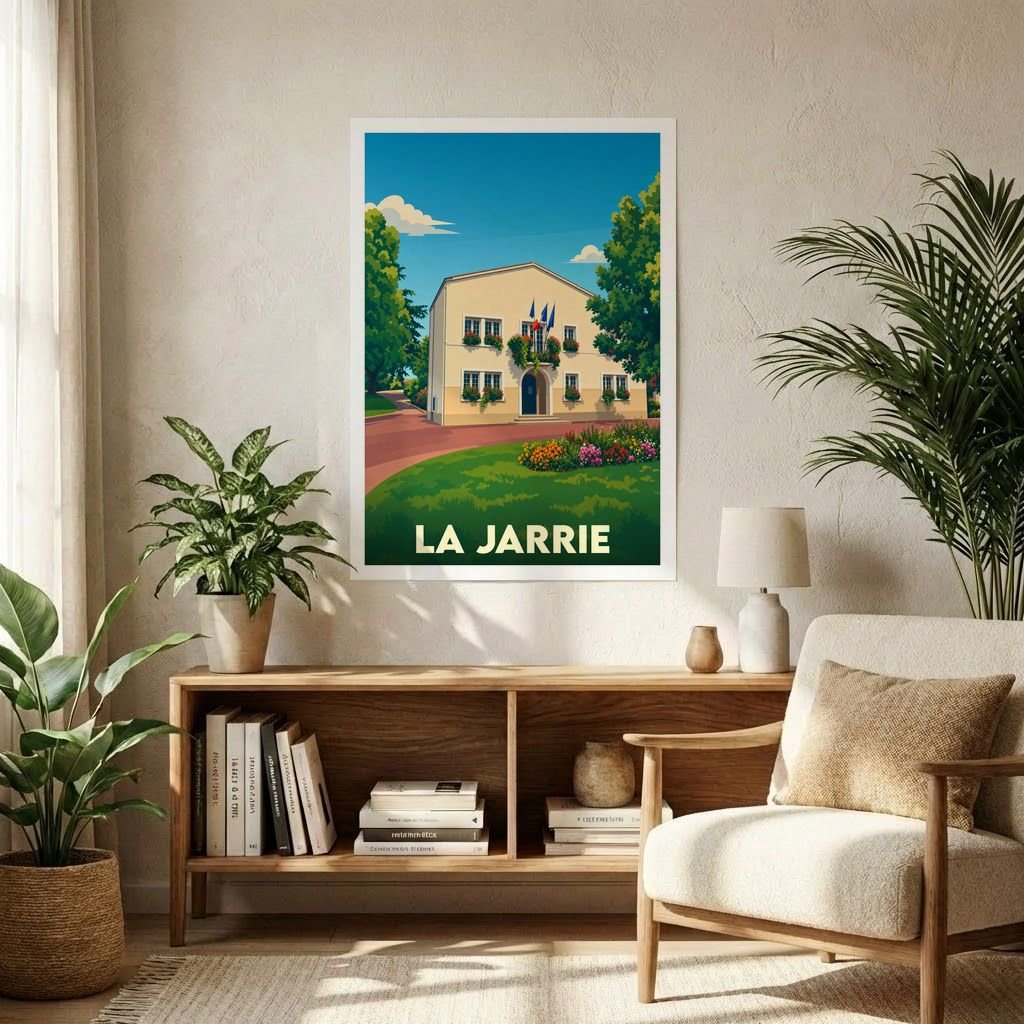 Affiche souvenir de la ville de La Jarrie avec une illustration stylisée.