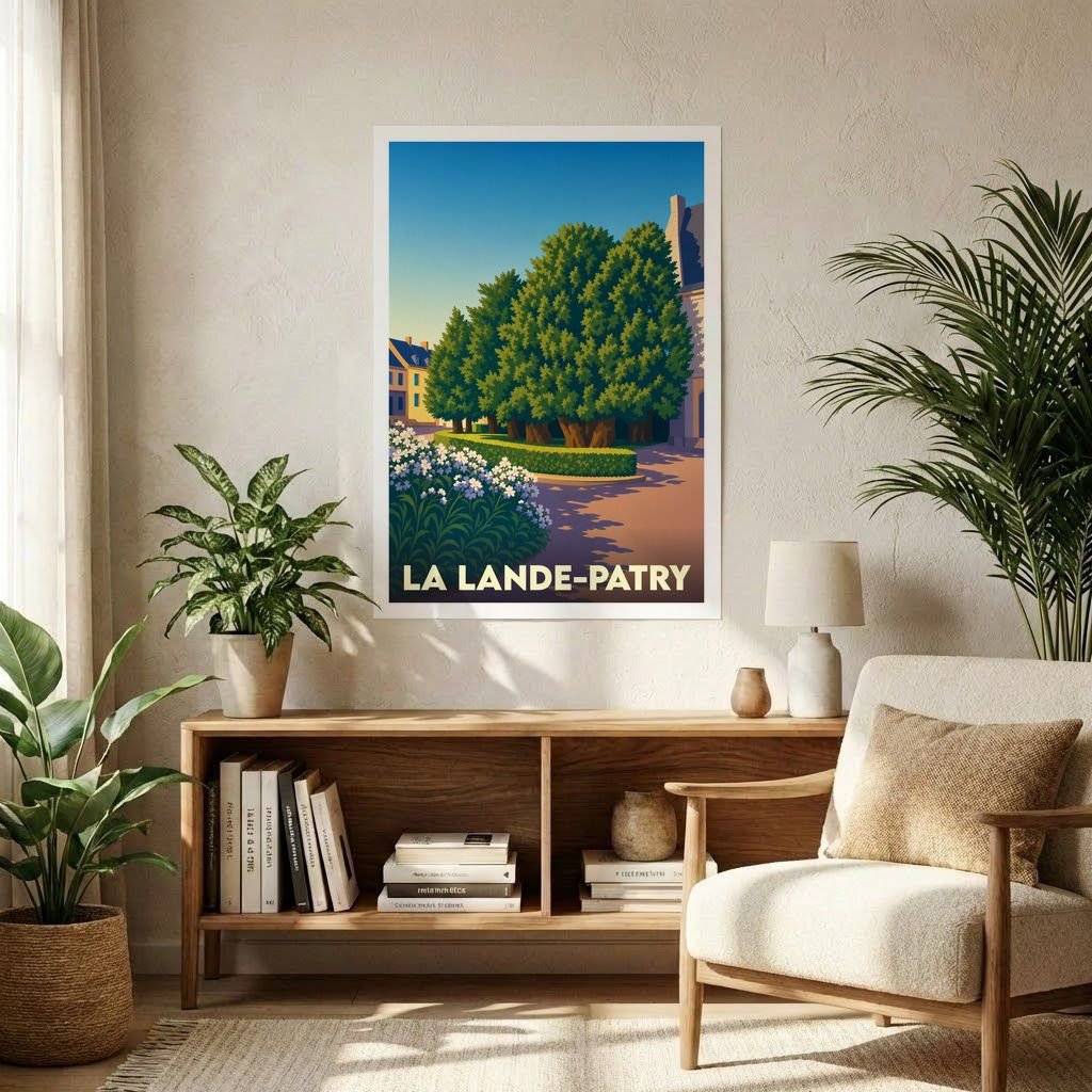 Affiche souvenir de la ville de La Lande-Patry avec une illustration stylisée d'un parc arboré.