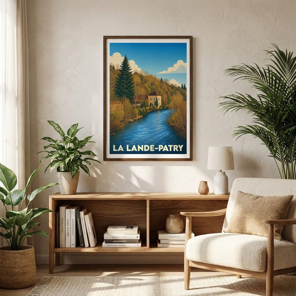 Affiche souvenir de la ville de La Lande-Patry avec une illustration stylisée de ses paysages verdoyants et d'un cours d'eau.