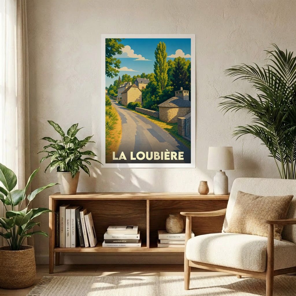 Affiche souvenir de la ville de La Loubière avec une illustration stylisée de ses paysages et de son architecture.