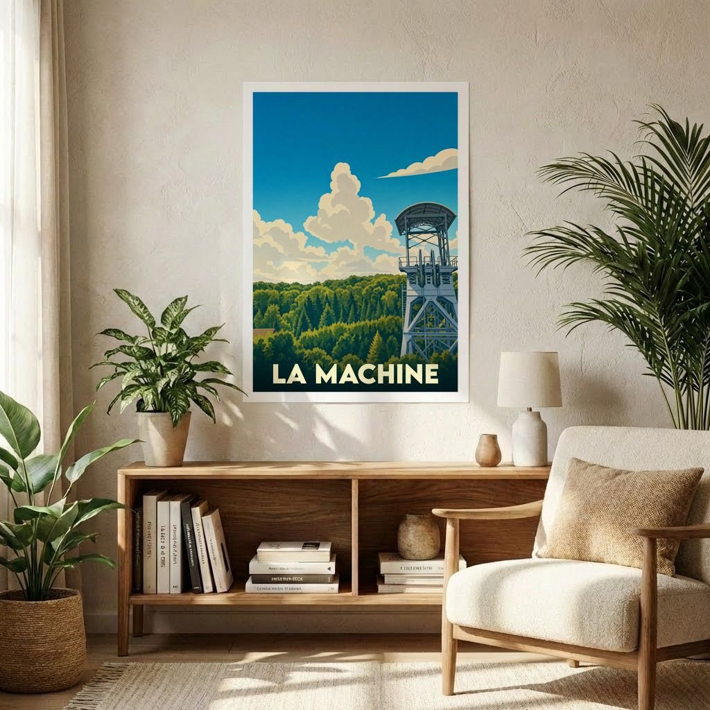 Affiche souvenir de la ville de La Machine représentant un chevalement de mine dans un paysage boisé stylisé.