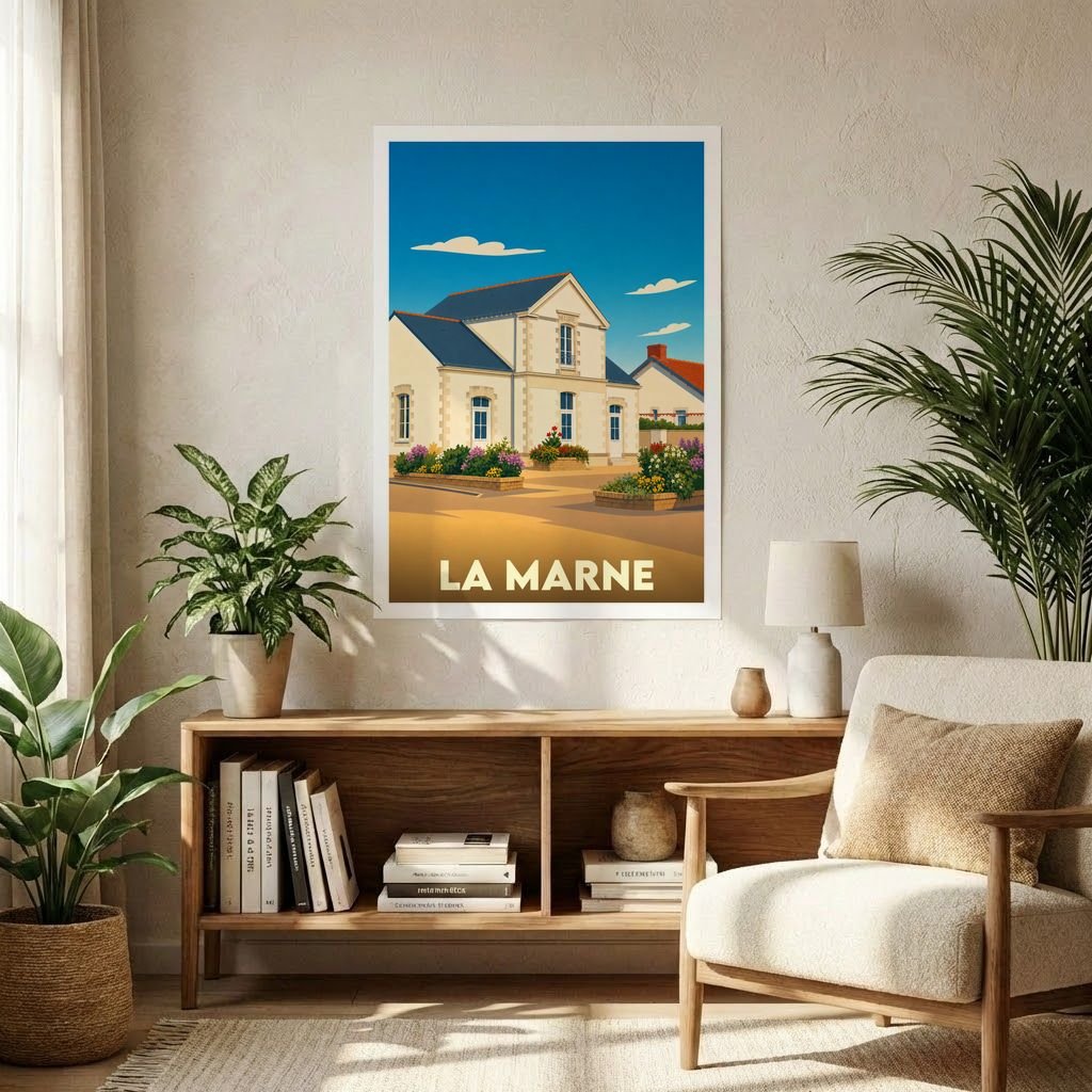 Affiche souvenir de la ville de La Marne représentant une illustration stylisée d'un bâtiment typique sous un ciel bleu.