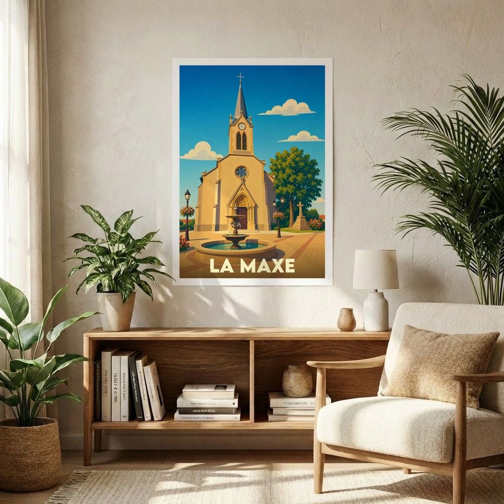Affiche souvenir de la ville de La Maxe avec une illustration stylisée d'une église et d'une fontaine.
