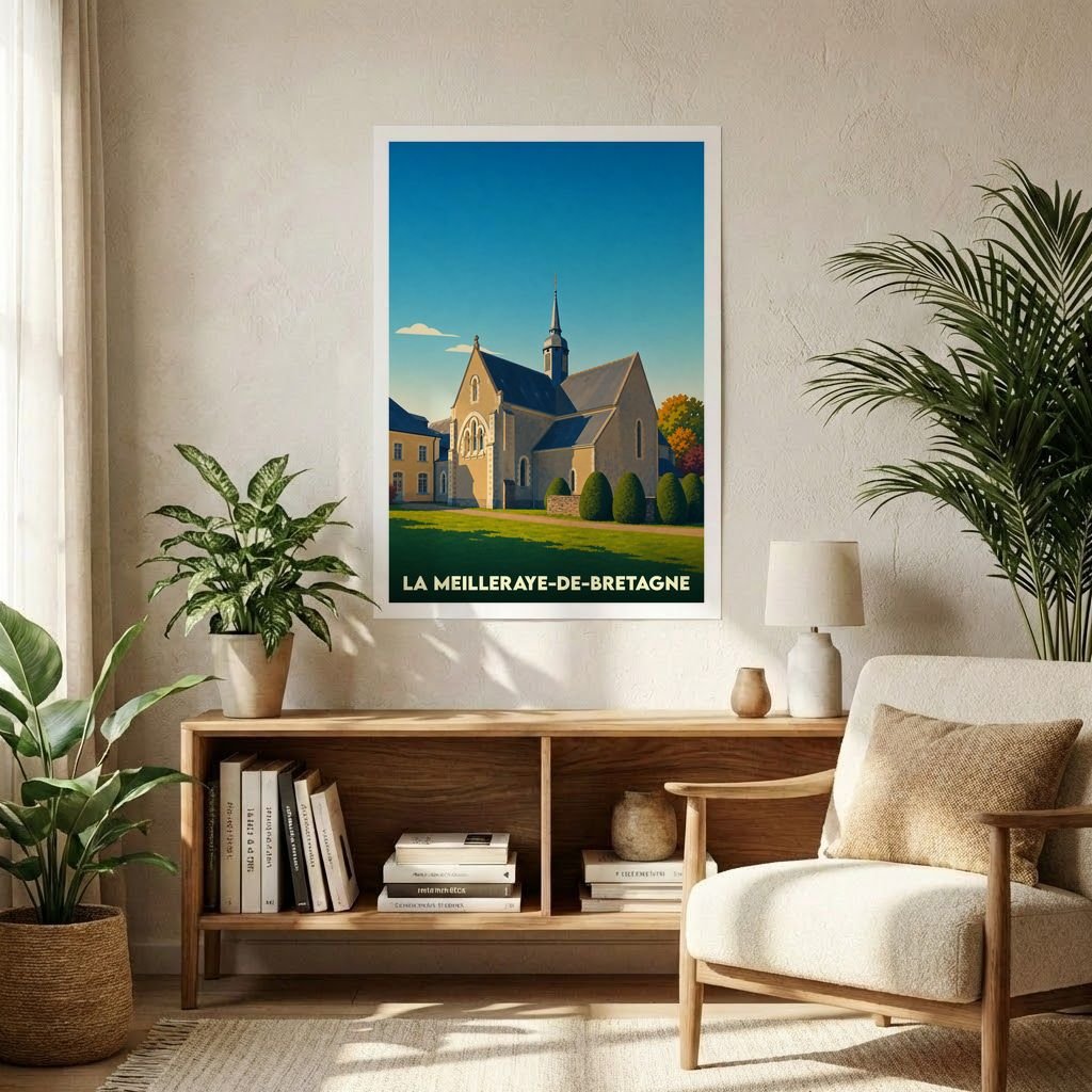 Affiche souvenir de la ville de La Meilleraye-de-Bretagne avec une illustration stylisée de son église.