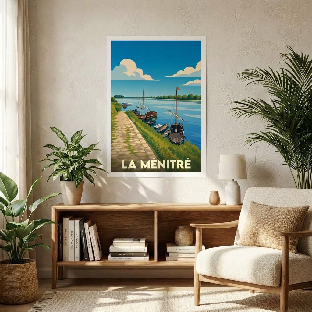 Affiche souvenir de la ville de La Ménitré illustrant des barques amarrées le long de la Loire dans un style rétro.